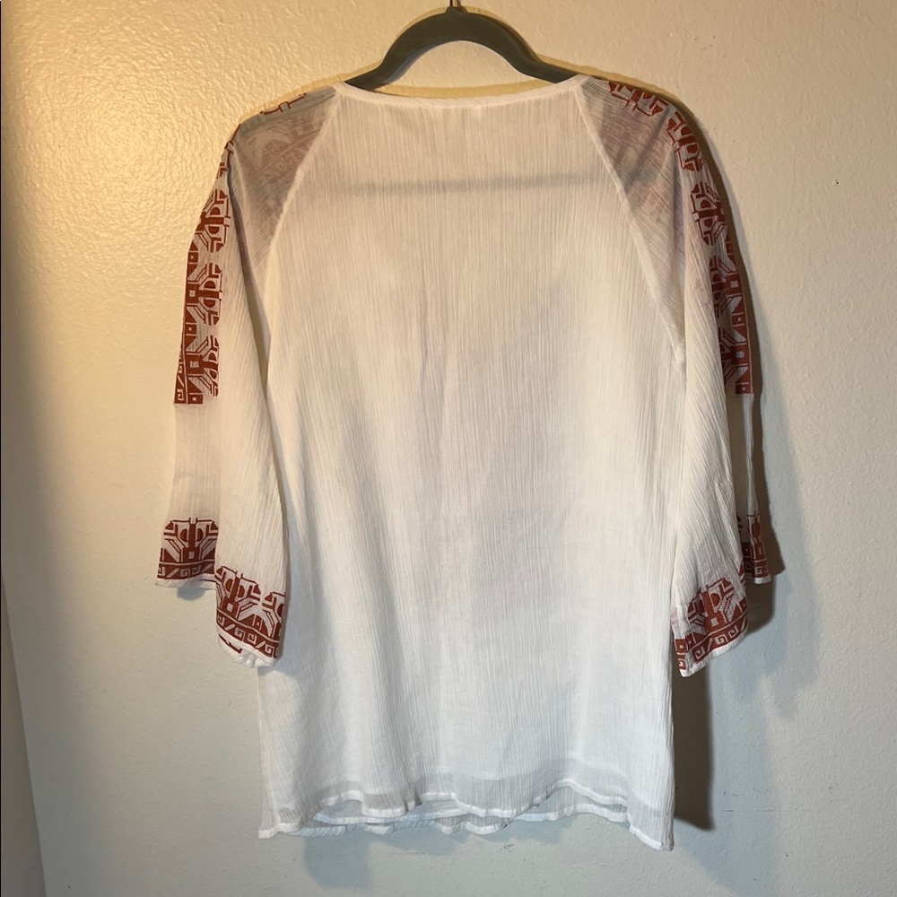 Jade White Blouse with Rust Burnt Orange Embroidery 3/4 Sleeve Boho Large - Picture 6 of 7